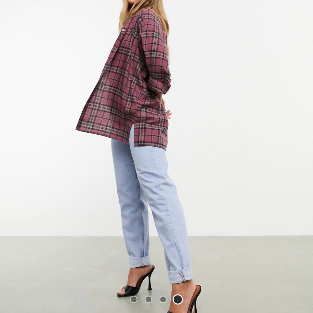 ASOS DESIGN long sleeve boyfriend shirt in dark red and navy